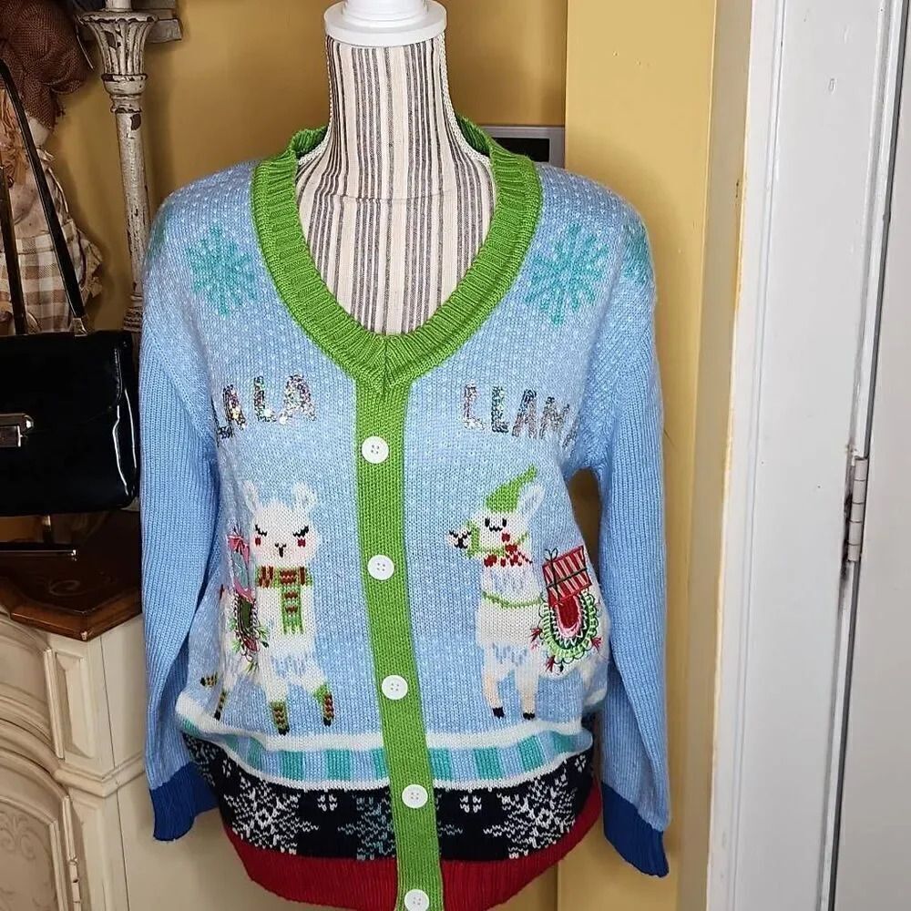 Merry Christmas Baby blue llama ugly cardigan  sweater women's size M